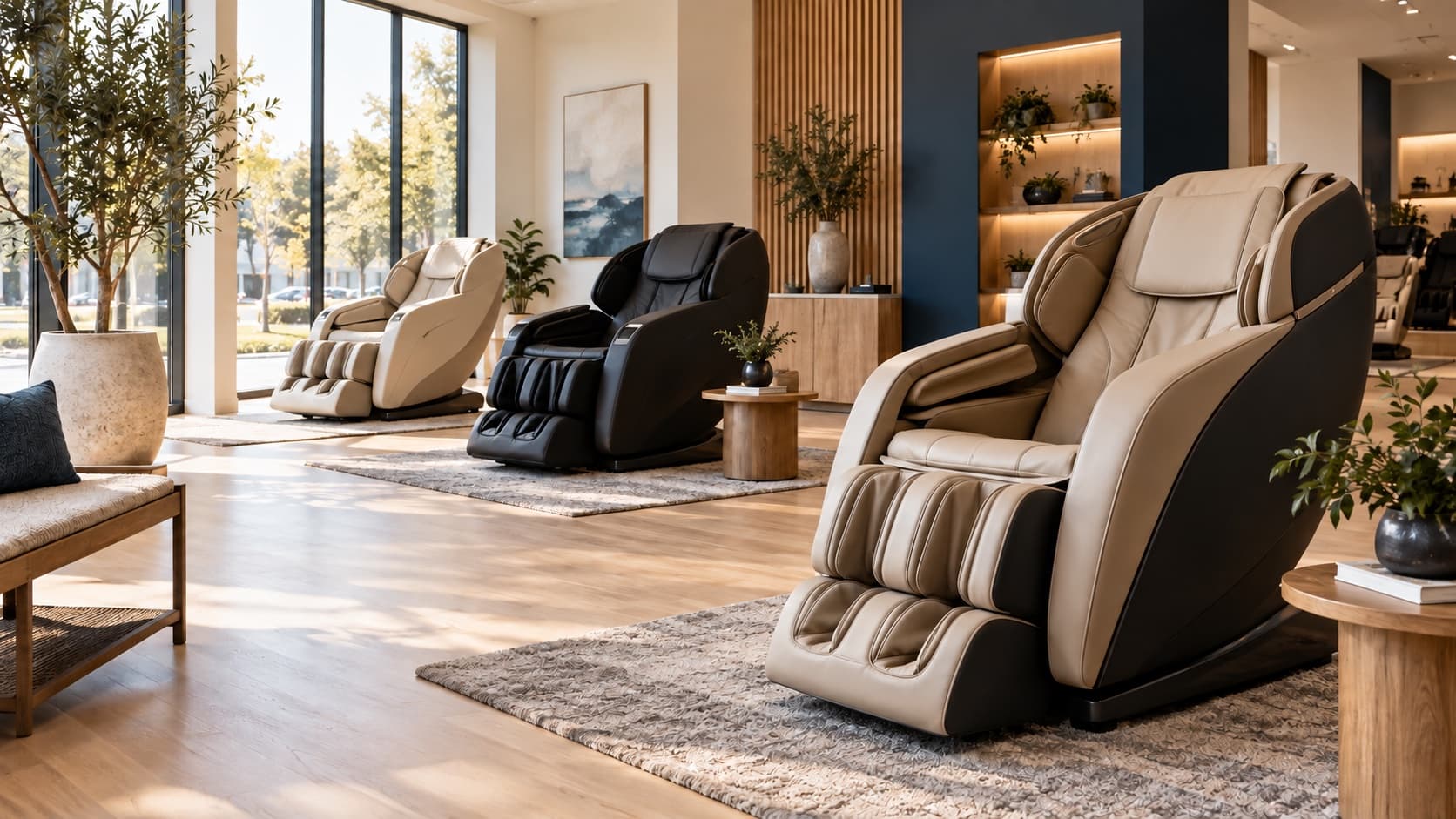 A modern showroom with several unbranded massage chairs available to try